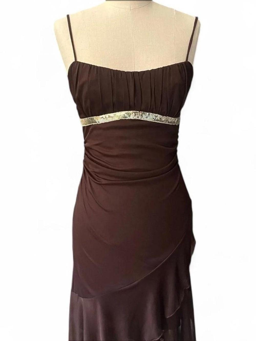 Ruby Rox Brown Strapless Evening Dress with Gold Band